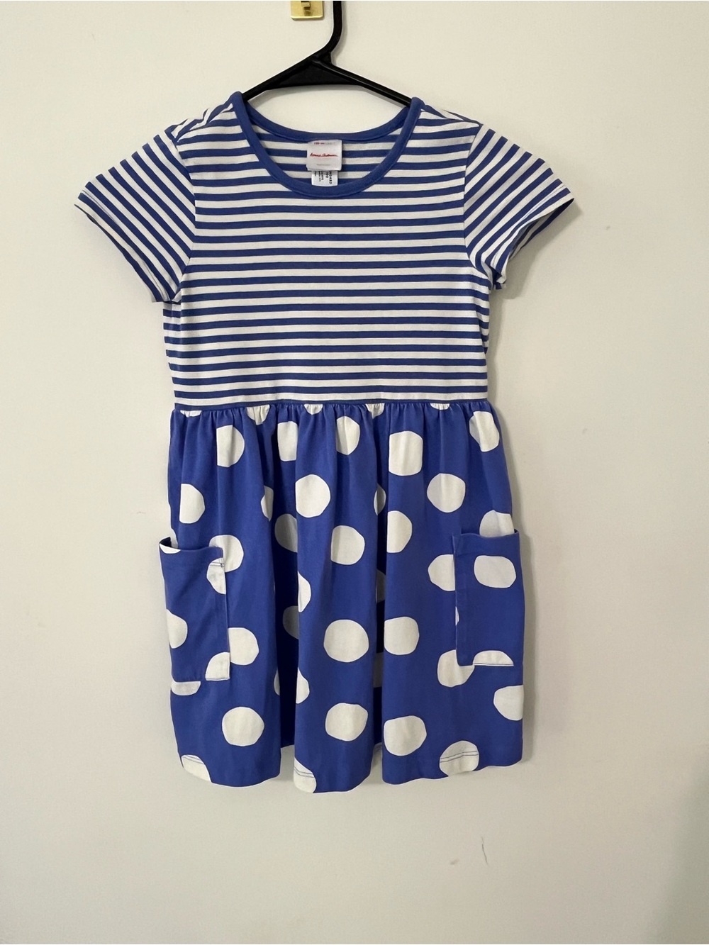 Hanna Andersson Girls' Short Sleeve Blue White Dress Polka Dots Stripes Sz 6/7